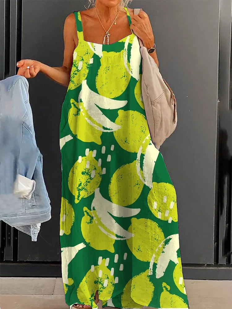 Women's Lemon Banana Print Casual Slip Dress socialshop