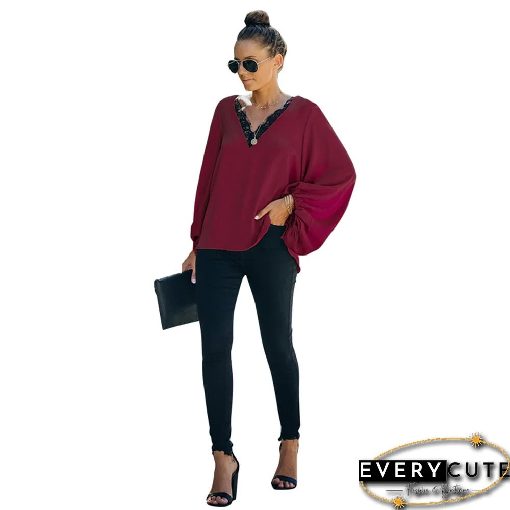 Wine Red Splice Lace V Neck Lantern Long Sleeve Tops