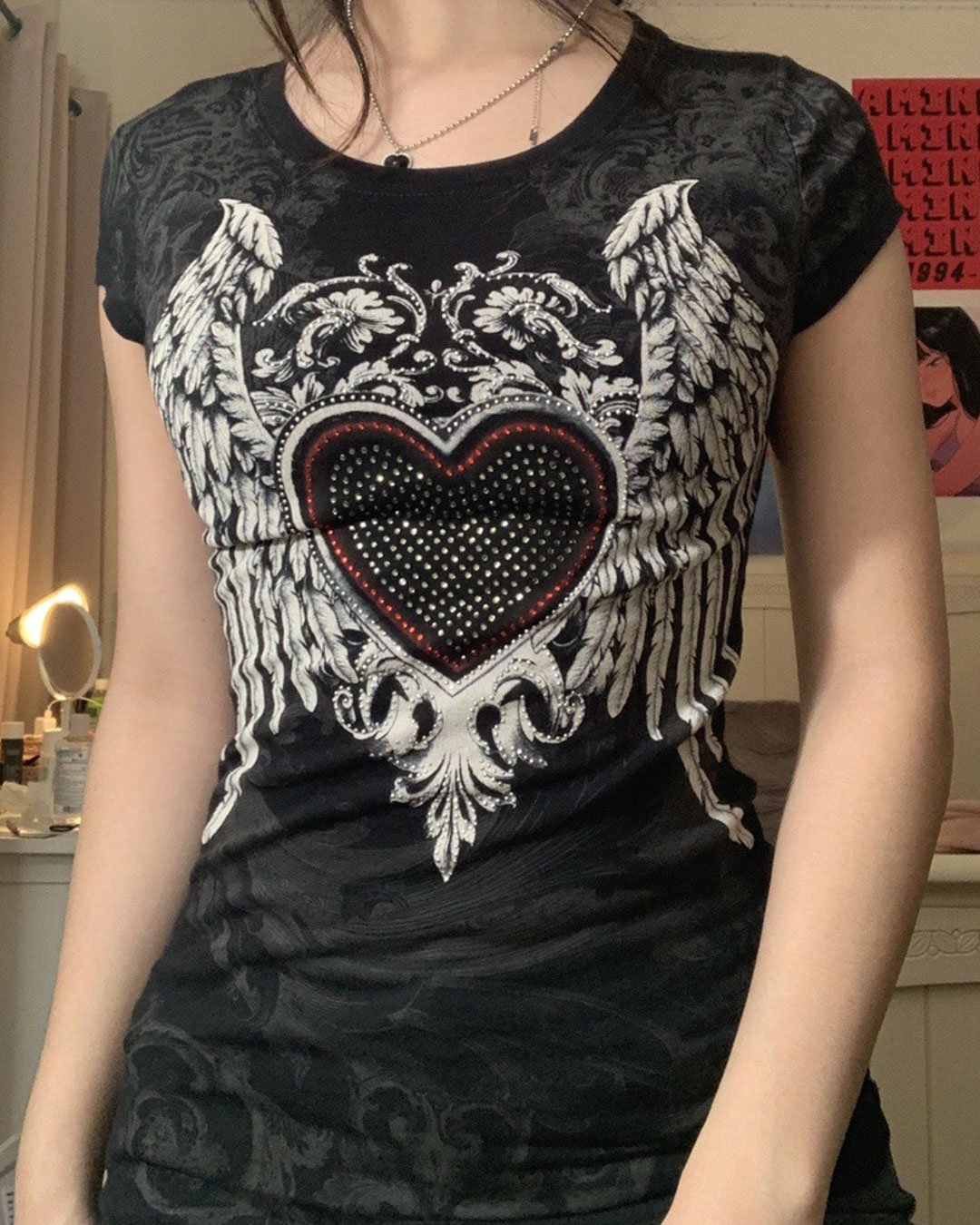 Fashionv-Retro Print Heart Hotfix Rhinestone T-shirt