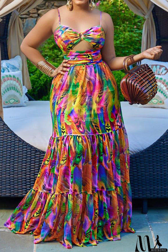 MidiSono - Sexy Print Cut Out Sleeveless Maxi Dress