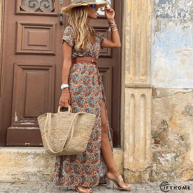 Boho Floral Print V Neck Short Sleeve Maxi Party Dress | IFYHOME