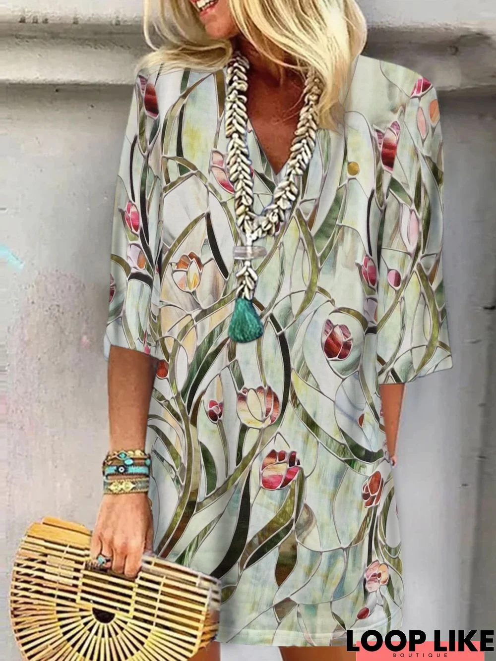 Floral Printed V Neck Loose Half-sleeve Dresses