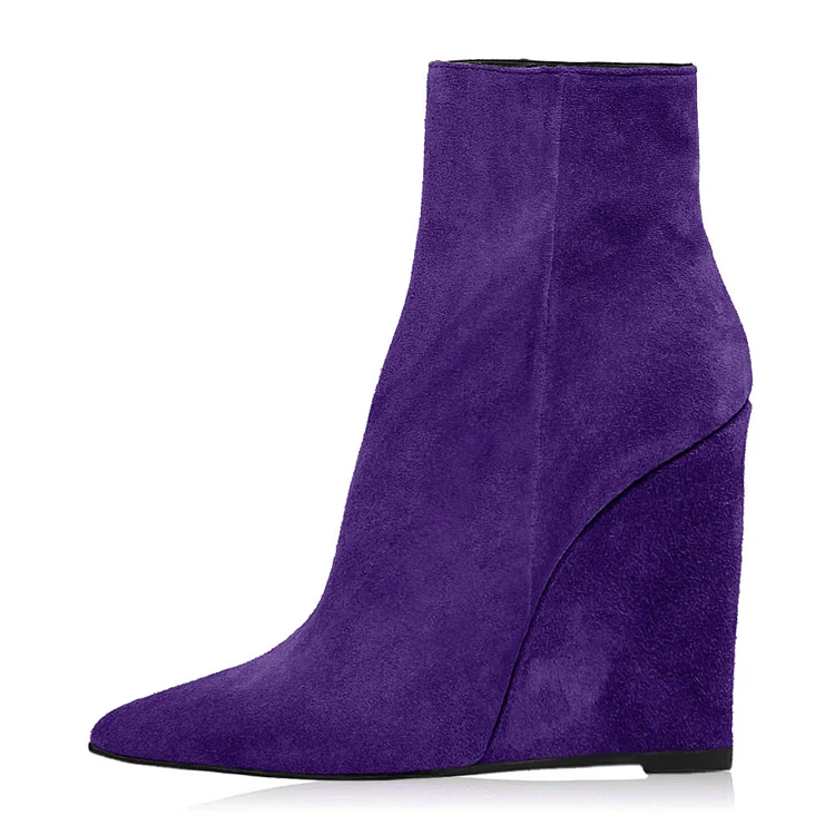 Purple Vegan Suede Closed Pointed Toe 4 Inch Wedge Heel Ankle Boots |FSJ Shoes