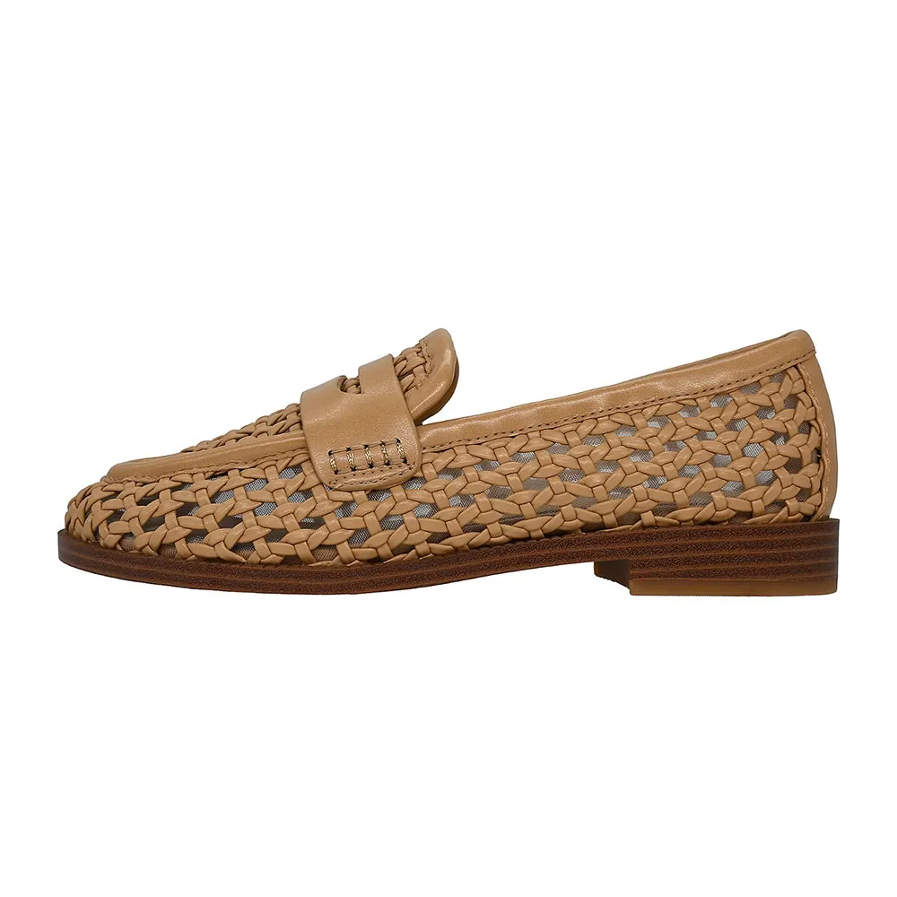 Brown Faux Leather Round Toe Braid Slip On Mesh Women's Loafers