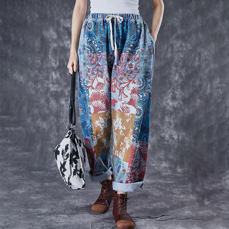 Comstylish Women Floral Patchwork Imitation Denim Cotton And Linen Pants