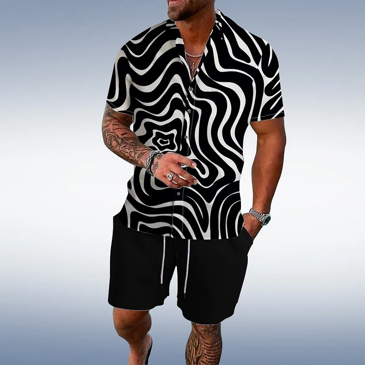 BrosWear Casual Abstract Stripe Print Shirt And Shorts Co-Ord