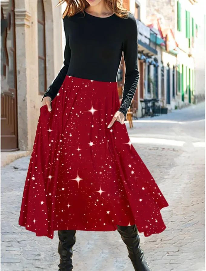 Women's party vintage glitter print  Long Sleeve Midi A-Line Dress