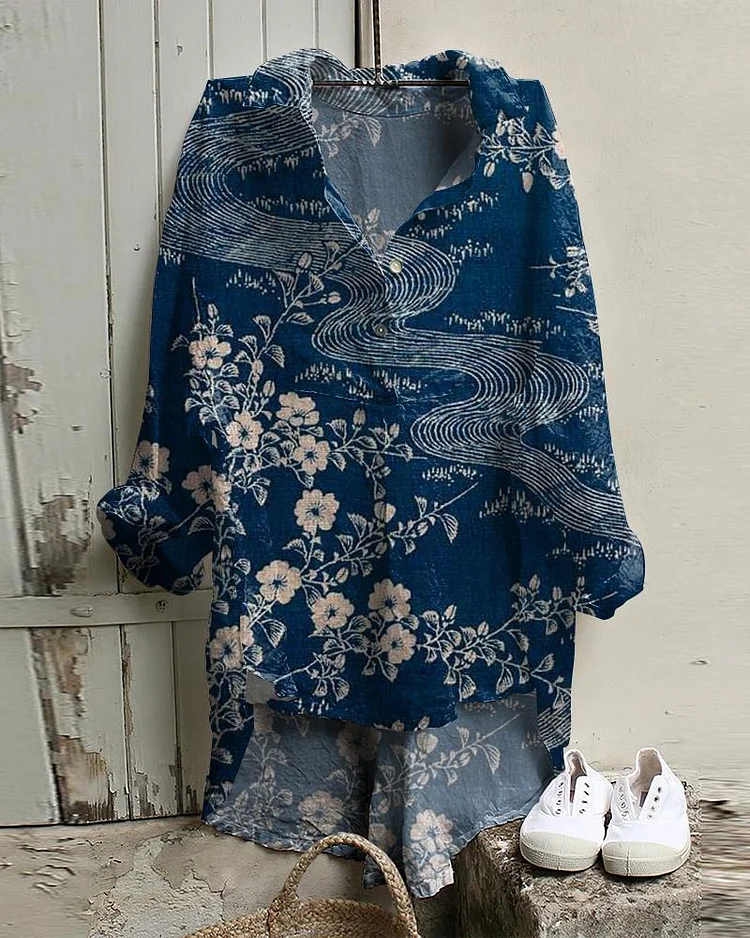 Floral Art Button Down Casual Woven Leisure Tunic
