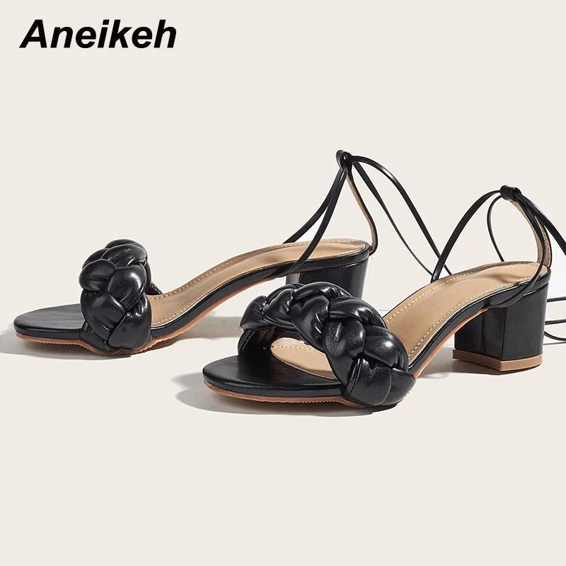 Aneikeh Sweet Women Shoes PU Fashion Sexy Square Heels Sandals 2021 Summer Elegant Party Cross-Tied Gladiator Lace-Up Checkered