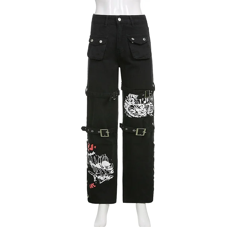 Sweetown Eyelet Buckle Black Punk Goth Jeans Woman Techwear Dark Academic Print Streetwear Cargo Pants Low Waist Denim Trousers
