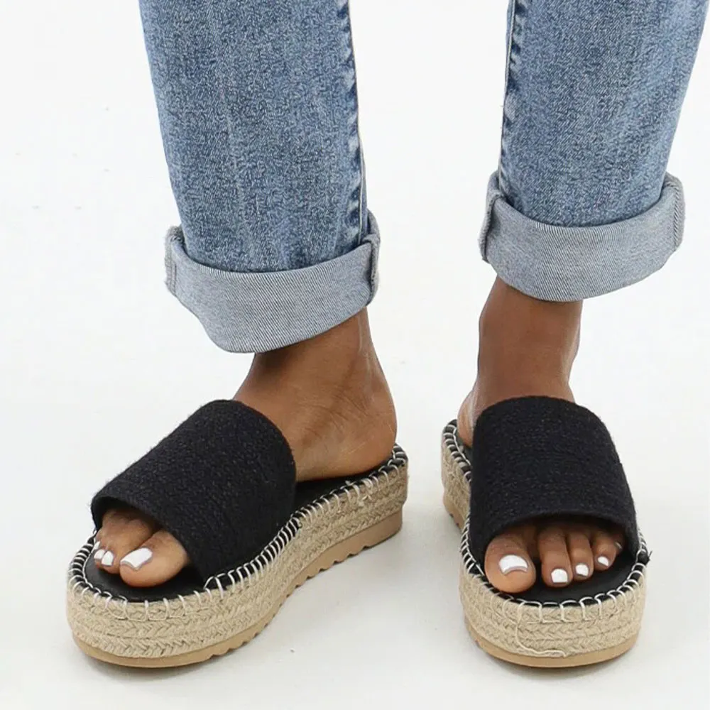 Women's Casual Black Round Toe Raffia Chunky Heel Platform Sandals