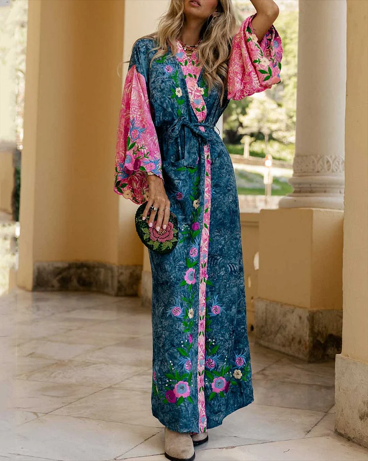 Women's Cardigan Lace-up Printed Embroidery Dress