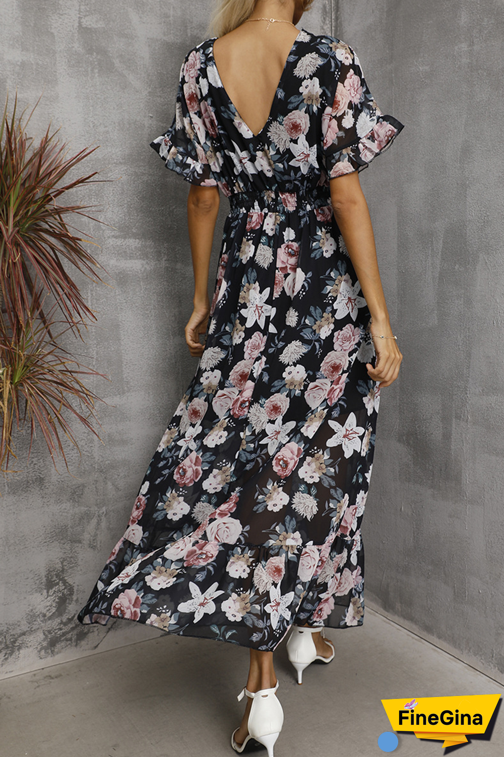 Elegant Floral Split Joint Flounce V Neck Waist Skirt Dresses(4 Colors)