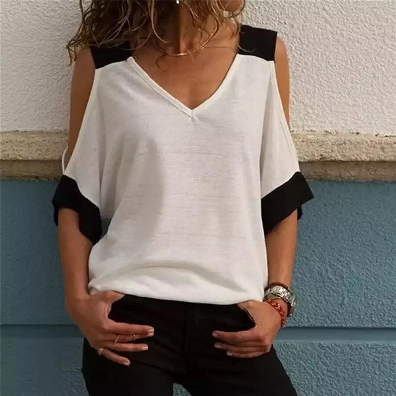 White Women Summer T Shirt Casual V-neck Tshirt Plus Size Short Sleeve Ladies Women Clothings Tee Shirts