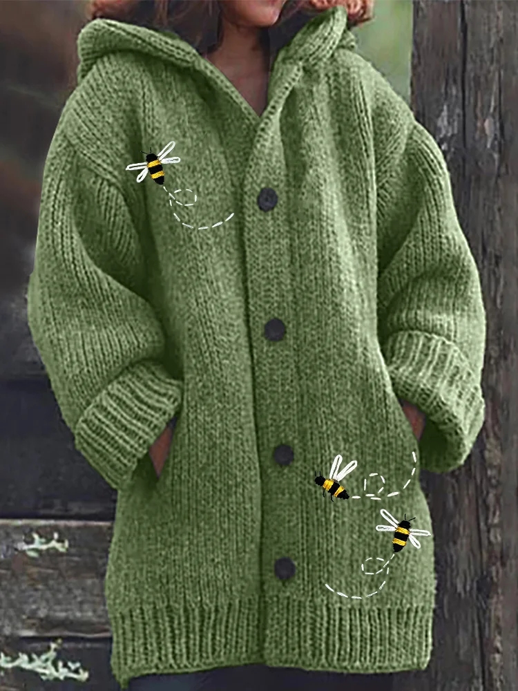 VChics Flying Bees Embroidery Cozy Knit Hooded Cardigan