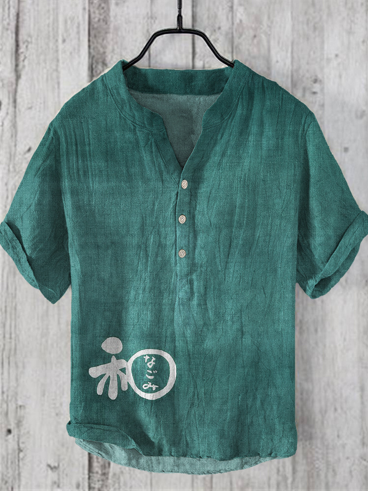 Japanese Word Art Linen V-Neck Shirt wearshes