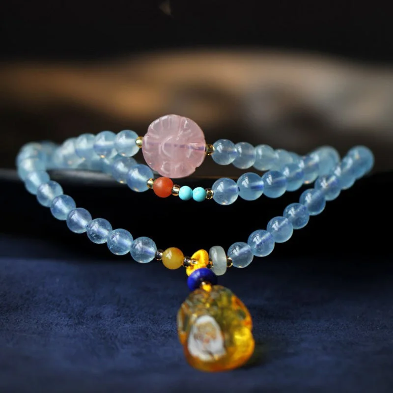Natural Aquamarine Amber Flower Cheongsam Charm Healing Bracelet