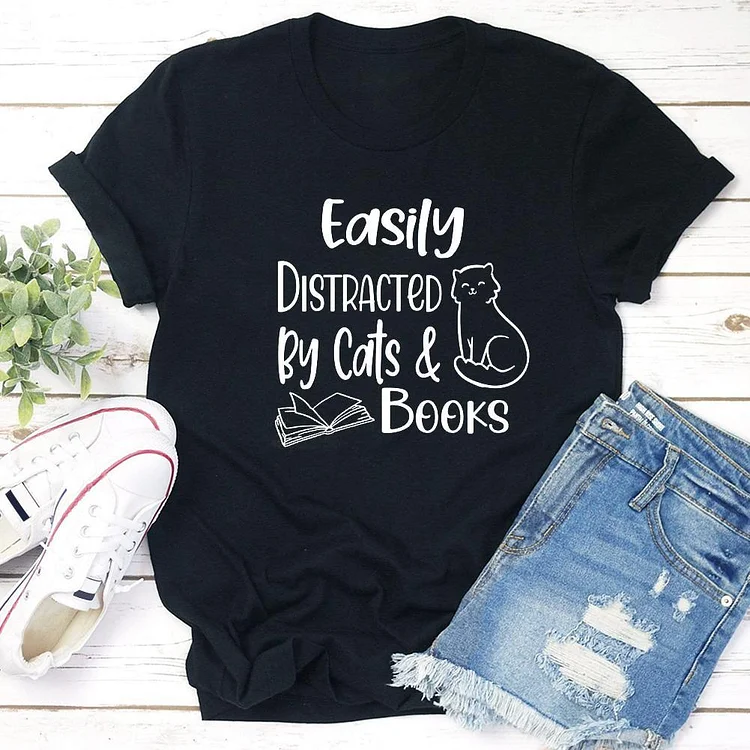 Easily Distracted By Cats And Books T-shirt Tee - 01279-Annaletters