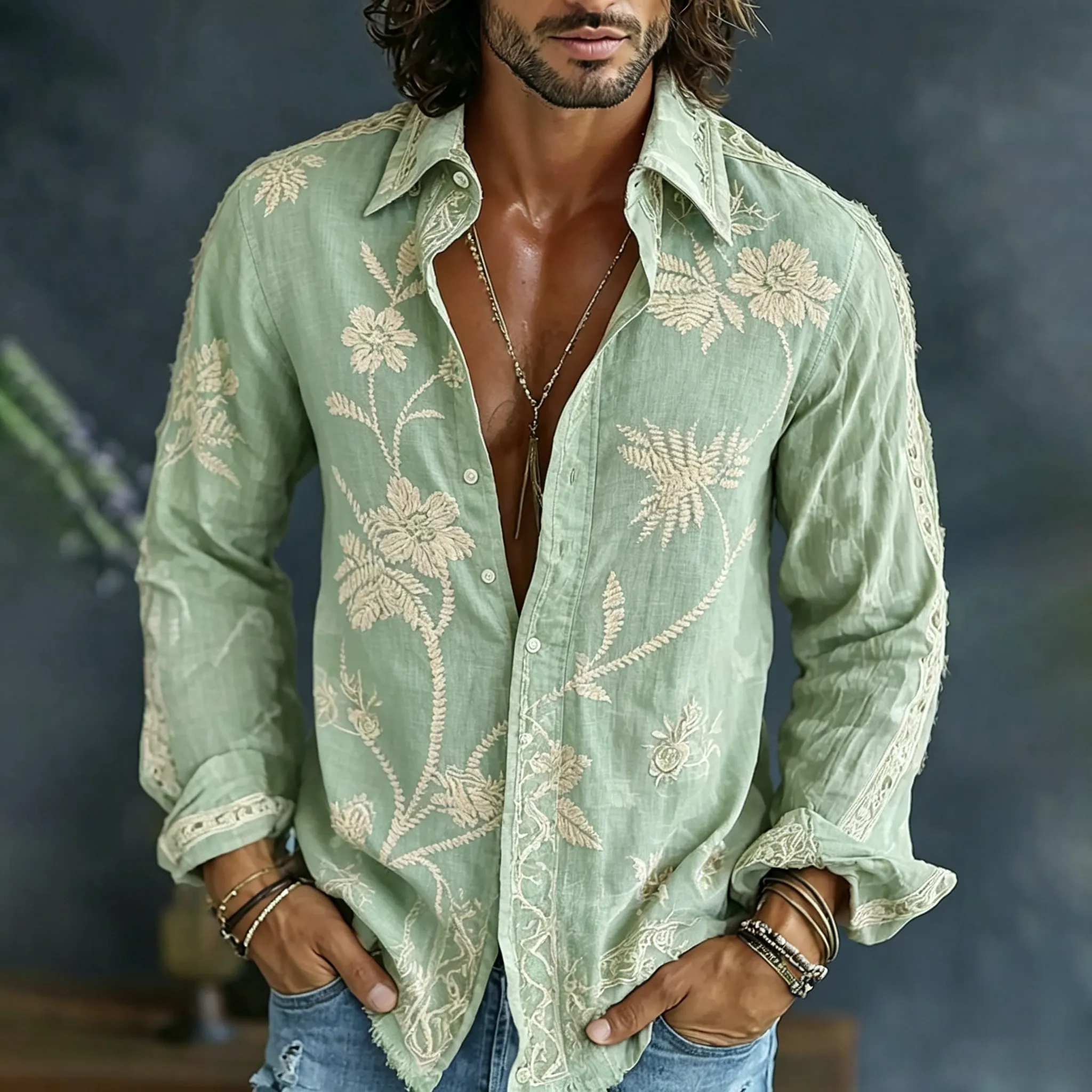 Comstylish Men's Spring Floral Embroidered Art Print Flowy Linen Blend Casual Shirt