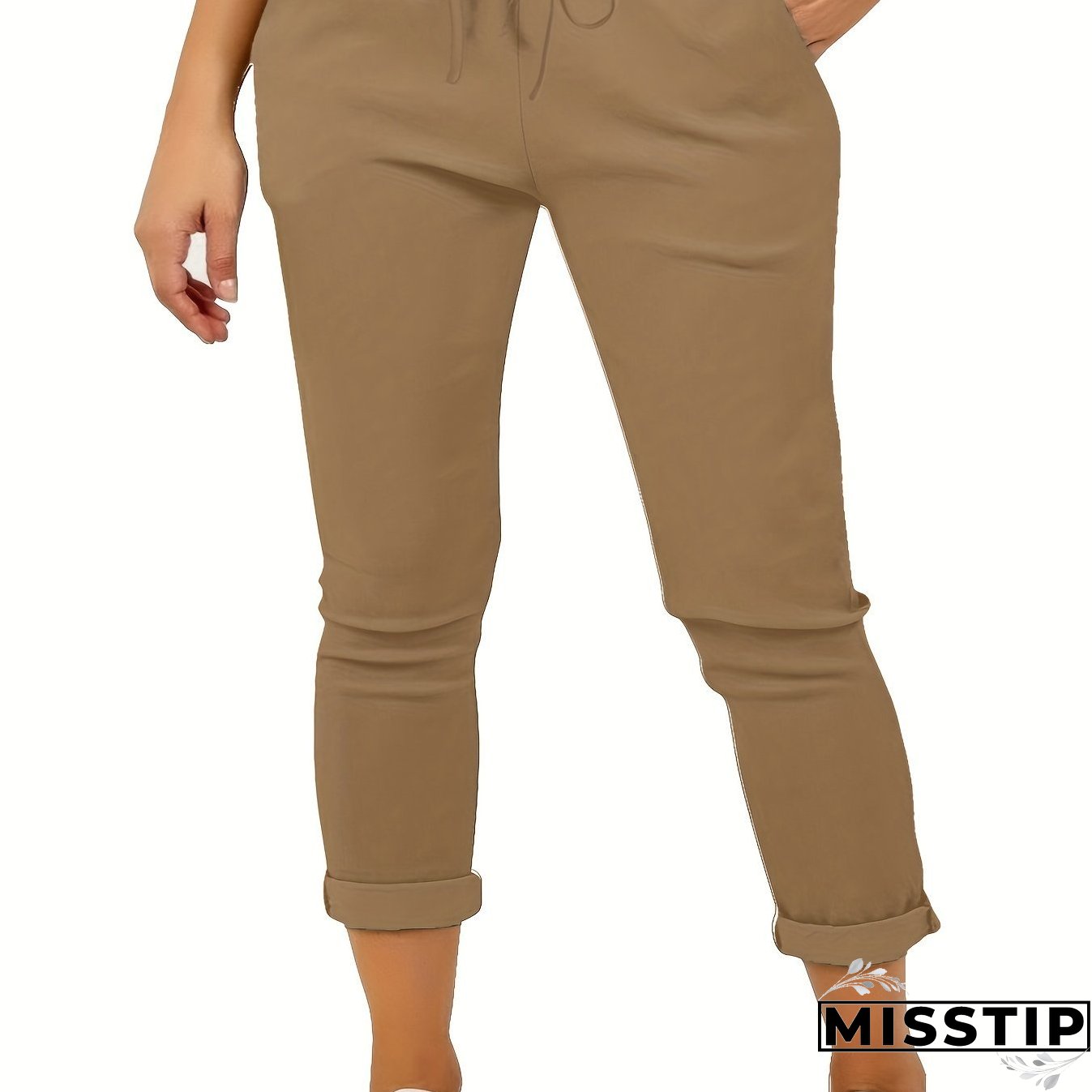 Plus Size Casual Pants, Women's Plus Solid Drawstring Roll Up Hem Slight Stretch Pants