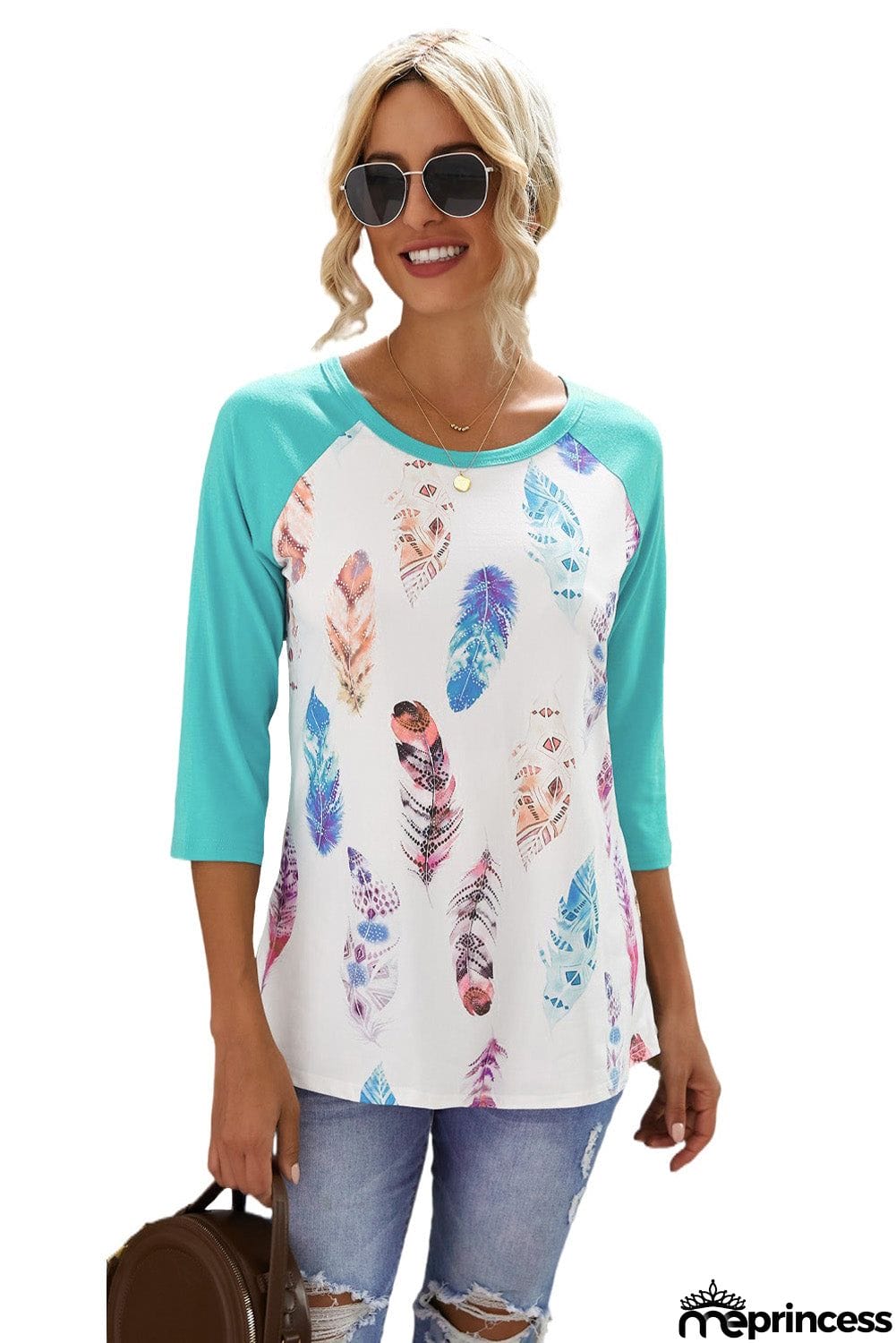 Feather Print 3/4 Raglan Sleeve Top