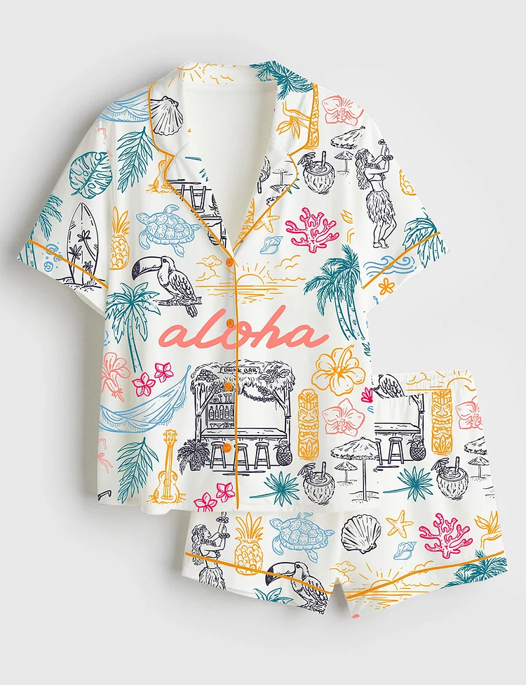 Women&rsquo;s Aloha Tropical Exotic Hawaian Whimsical Style Seaside Ocean Aloha State Of Mind Short Sleeve Satin Pajama Set