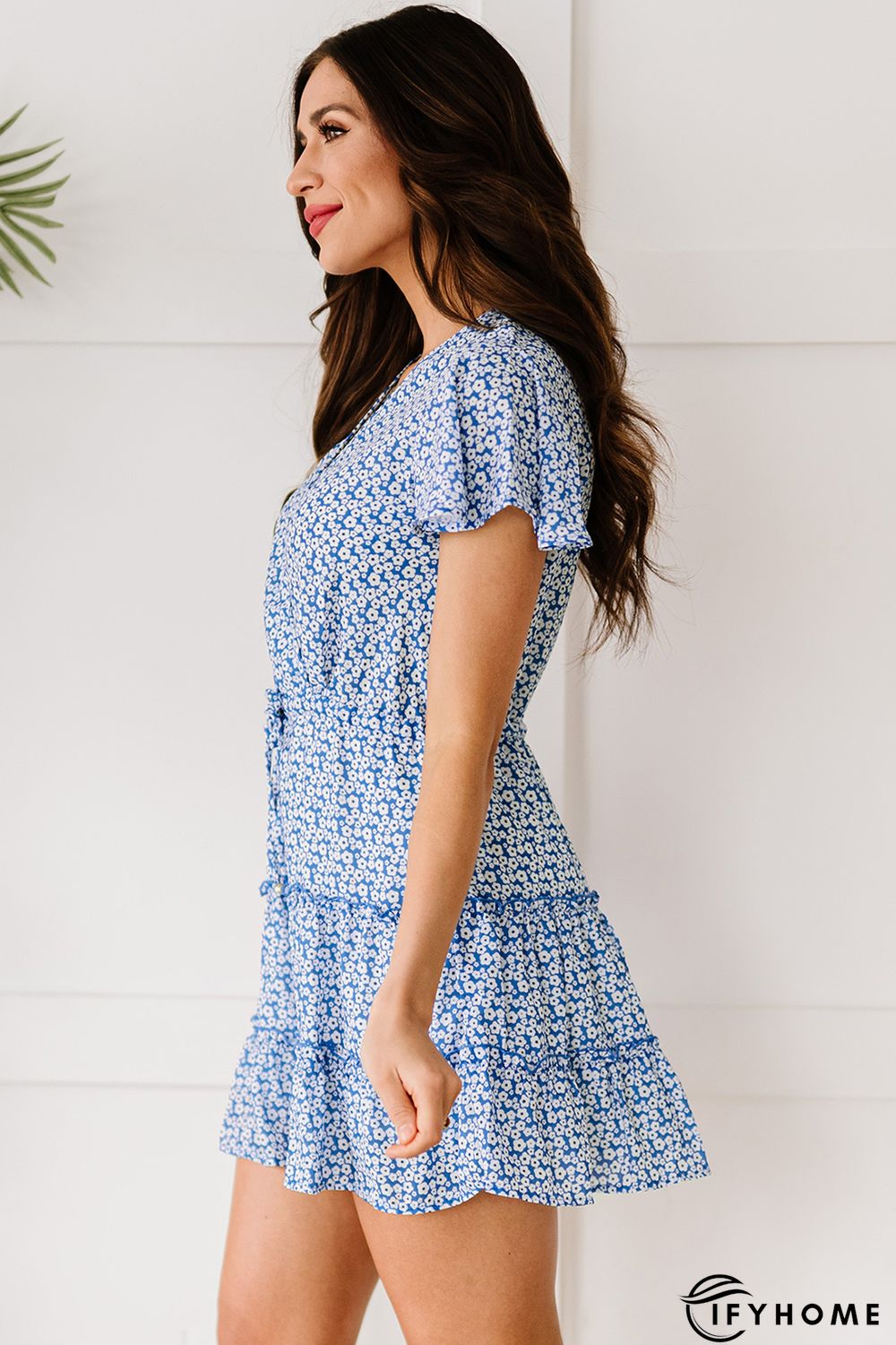 Blue V Neck Short Sleeve Layered Ruffled Floral Dress | IFYHOME