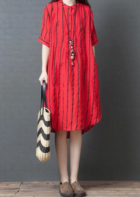 Elegant red striped cotton tunic dress stand collar loose summer Dresses