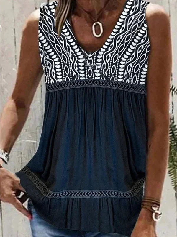 Women's Casual Printed Sleeveless O-neck Tops Blouse Vest