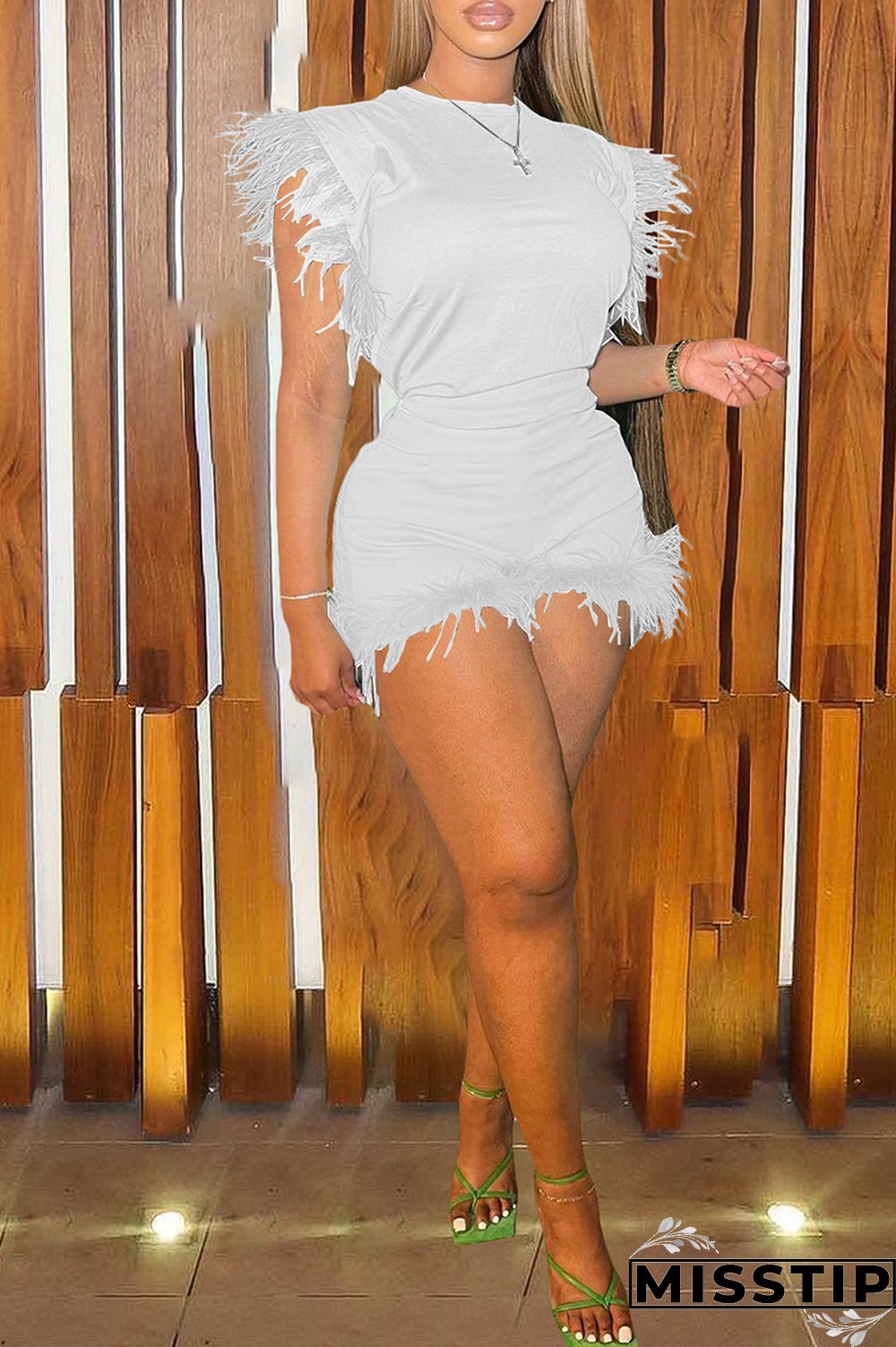 Sky Blue Fashion Casual Solid Patchwork Feathers O Neck Sleeveless Two Pieces