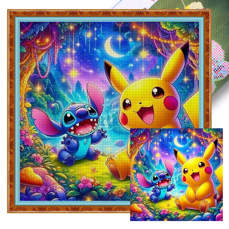 【Huacan Brand】Stitch And Pikachu (40*40cm) 14CT Printed cross stitch gbfke
