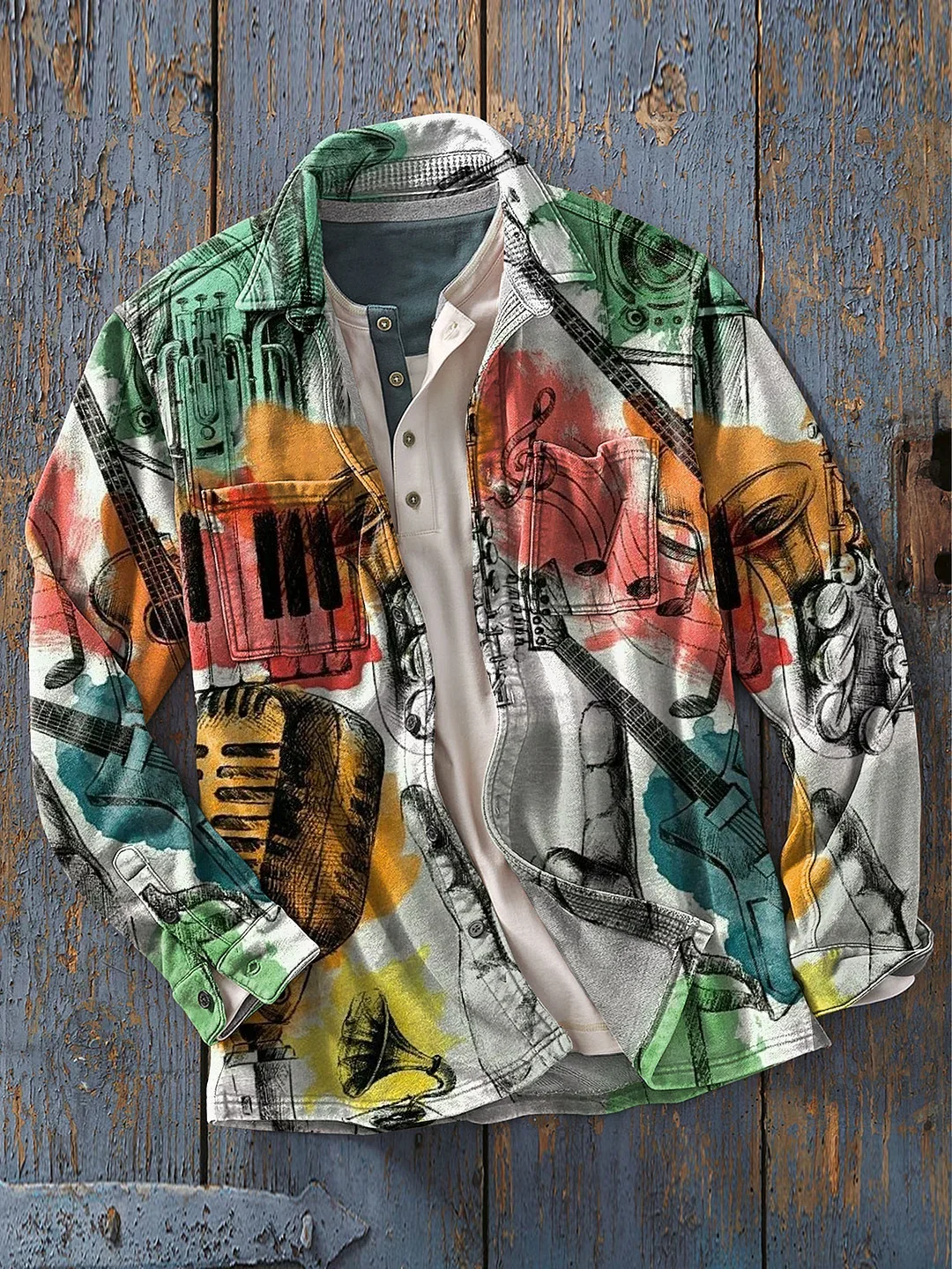 Men's Music Art Print Casual Long Sleeve Shirt