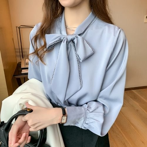 Loose Korean Tops 2022 Spring Satin Chiffon Blouse Women Fashion Blue Long Sleeve Shirt White Office Lady Clothes with Bow 10691