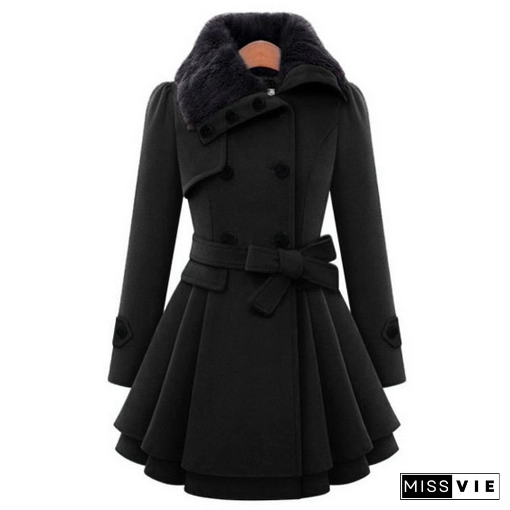 Winter Coat Womens Wool Blend Jacket Warm Lady Fur Collar Peacoat Woolen Jackets Plus Size