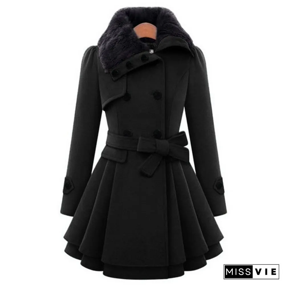 Winter Coat Womens Wool Blend Jacket Warm Lady Fur Collar Peacoat Woolen Jackets Plus Size