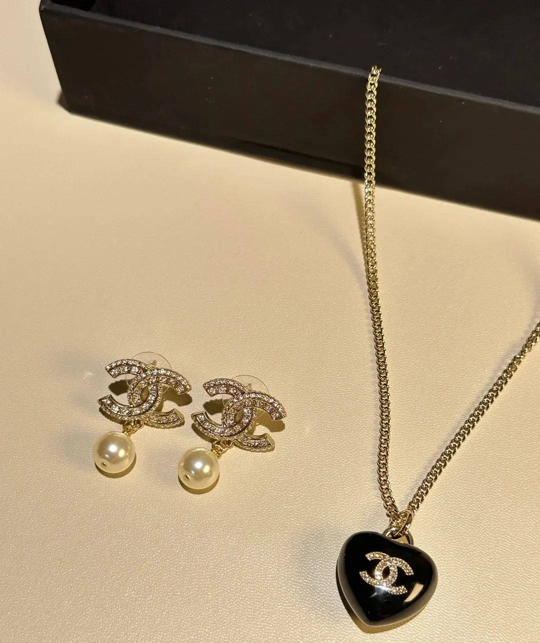 Chanel Black Heart Pendant Necklace and CC Pearl Drop Earrings