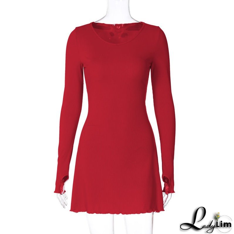 Minimalist Solid Color Dress with Back Lace-Up Waist Control