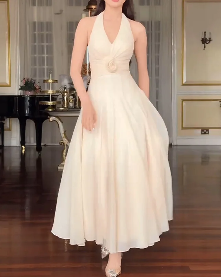 Halter neck solid color puffy dress