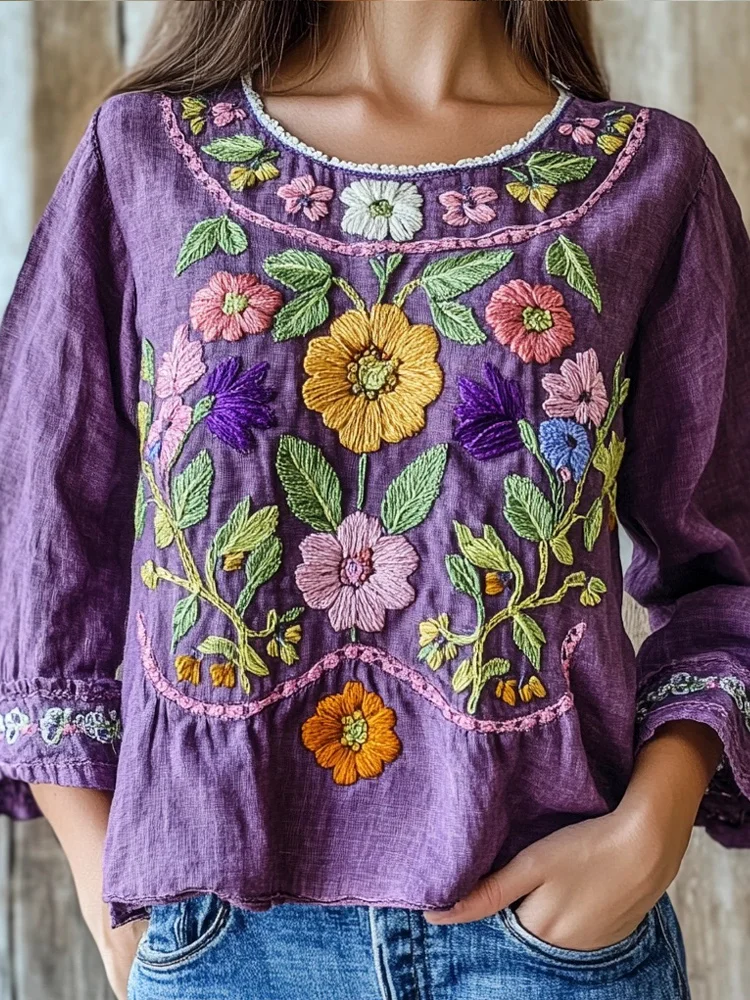 Purple Ethnic Floral Embroidery Vintage Women's Linen Shirt