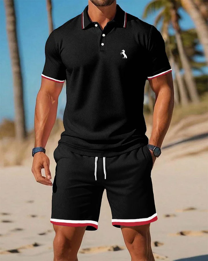Fashionable Sports Style Black Background Contrast Color POLO Shirt And Shorts Set