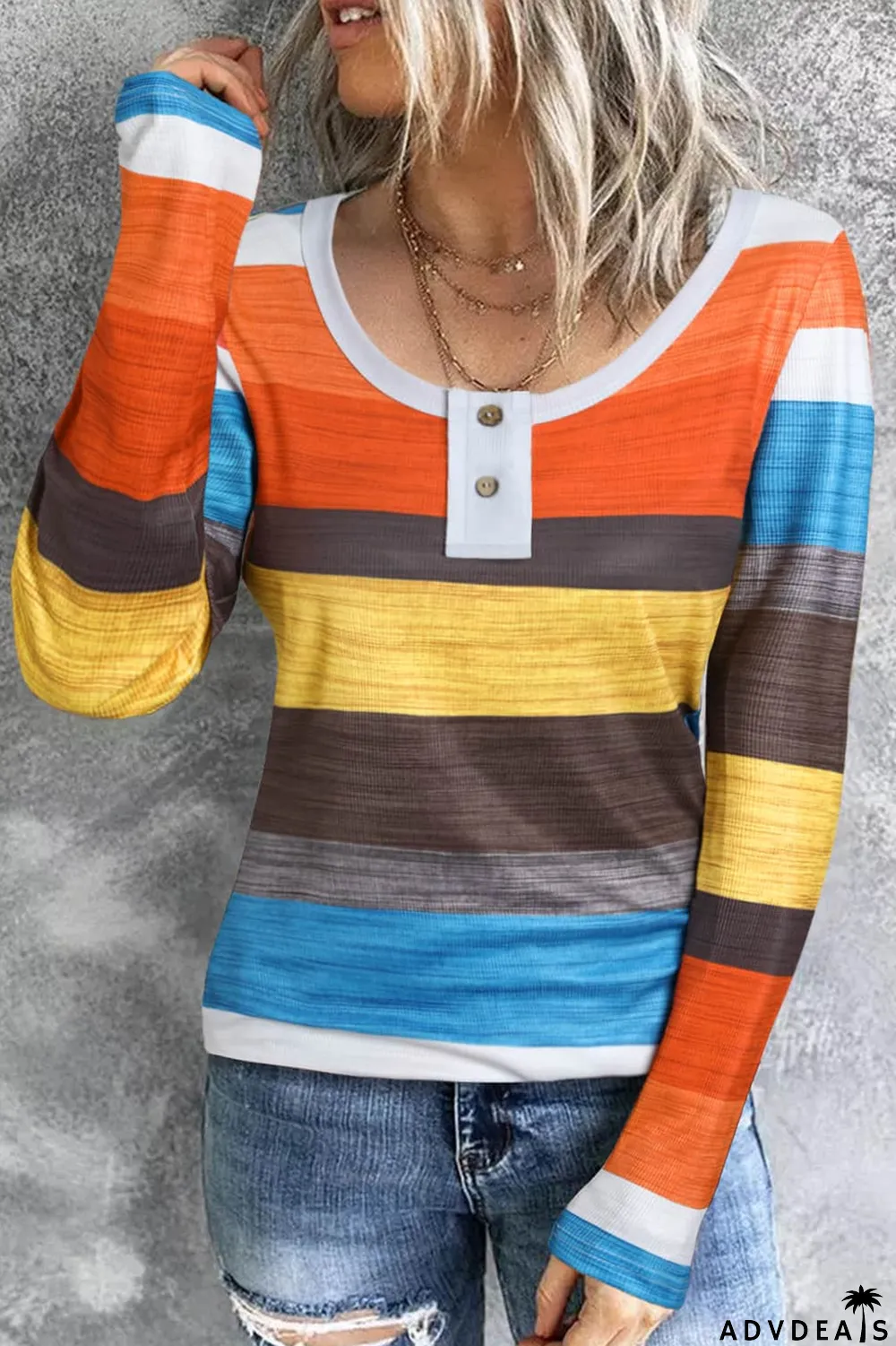 Stripe Multicolor Knit Button Notched Neck Top