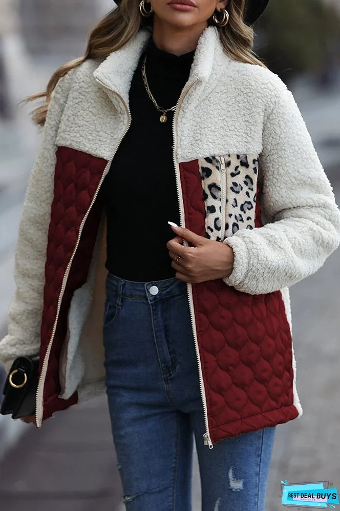 Color Block Leopard Patchwork Zipper Fleece Coat