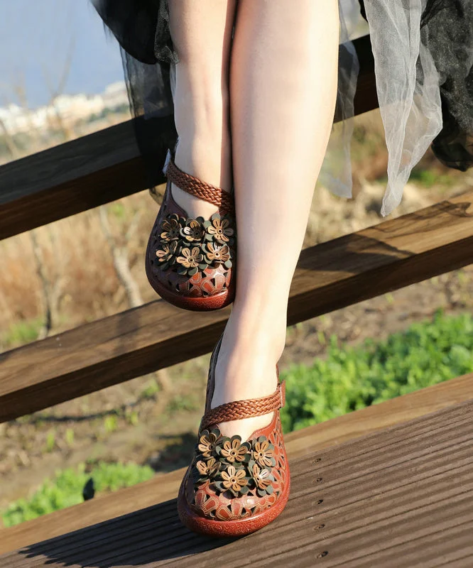 Coffee High Wedge Heels Cowhide Leather 2023 Splicing Hollow Out Floral