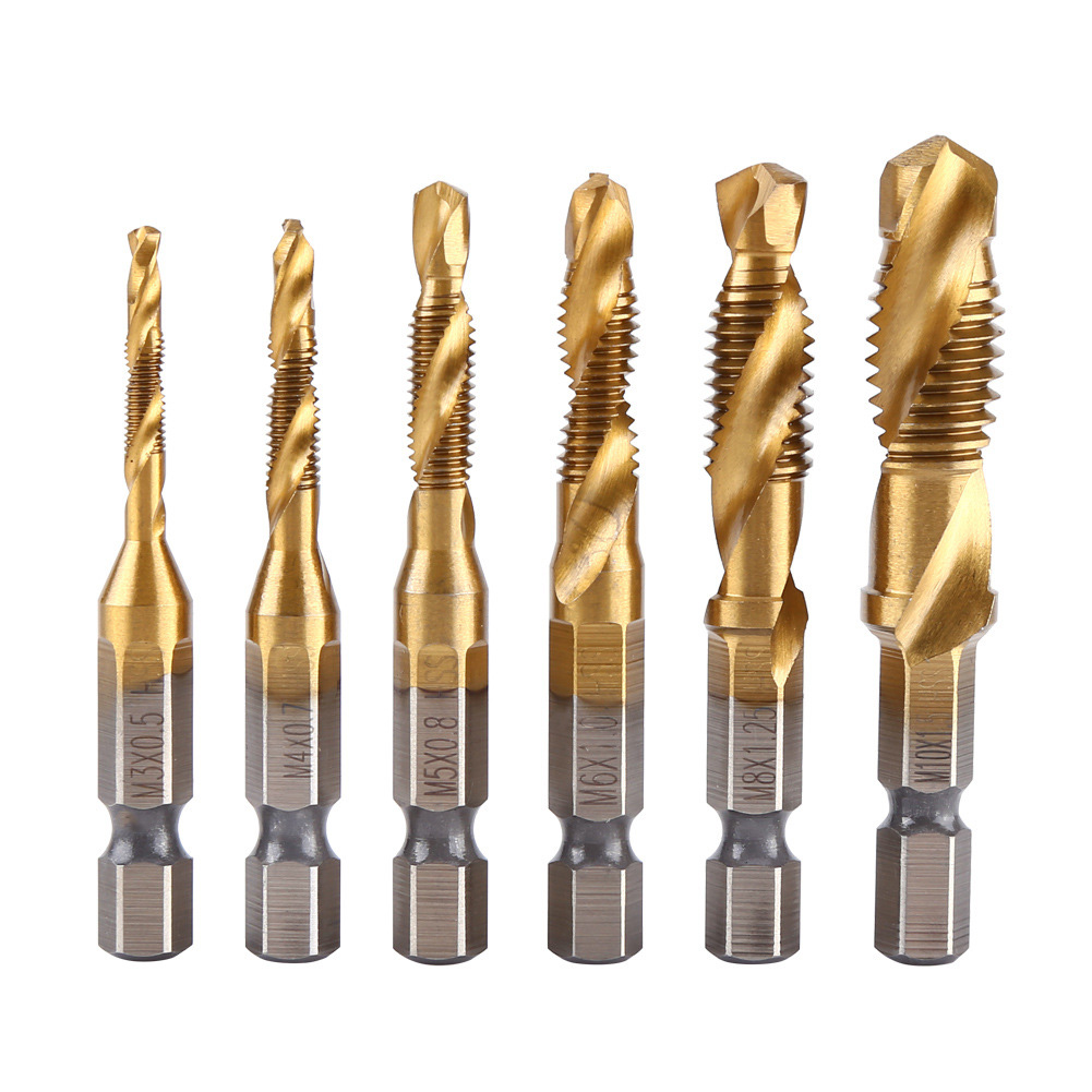 

6pcs M3-M10 Metric Screw Taps HSS Titanium Coated Drill Bits 1/4 Hex Shank, 501 Original