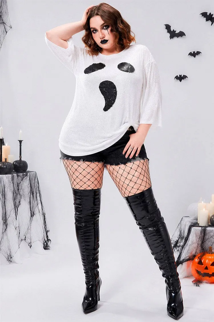Xpluswear Design Plus Size Casual Halloween Costume White Ghosts Round-Neck Short Sleeve Pattern Sequin T-Shirt（Ships 24h） 2024 - Xpluswear