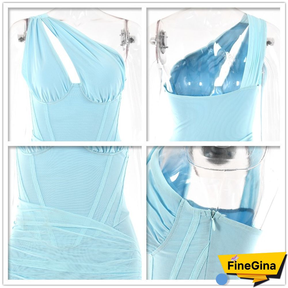 Avrilyaan One Shoulder Mesh Sexy Bodycon Dresses Women White Pleated Mini Summer Dress Vestidos Elegant Club Party Dresses