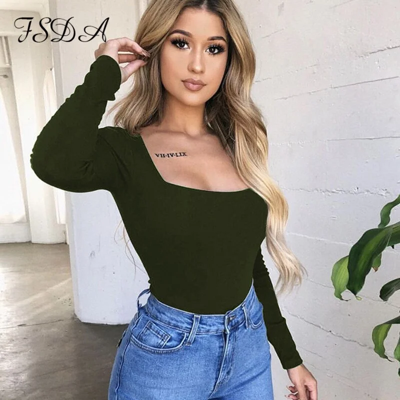 FSDA Suqare Neck Casual Long Sleeve T Shirt Women Sexy Top Black White Autumn Spring Summer Red Tee Basic Ladies Shirt Top