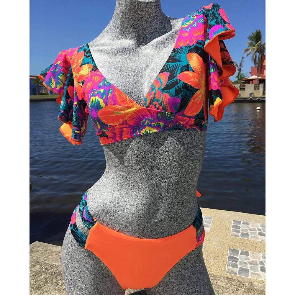 Uveng 2025 New Sexy Brazilian Bikini Wrinkle Split Body Swimsuit Women Print Lotus Edges