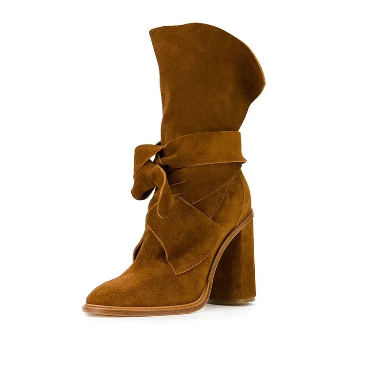 Tan Boots Vegan Suede Fashion Chunky Heel Mid Calf Boots |FSJ Shoes
