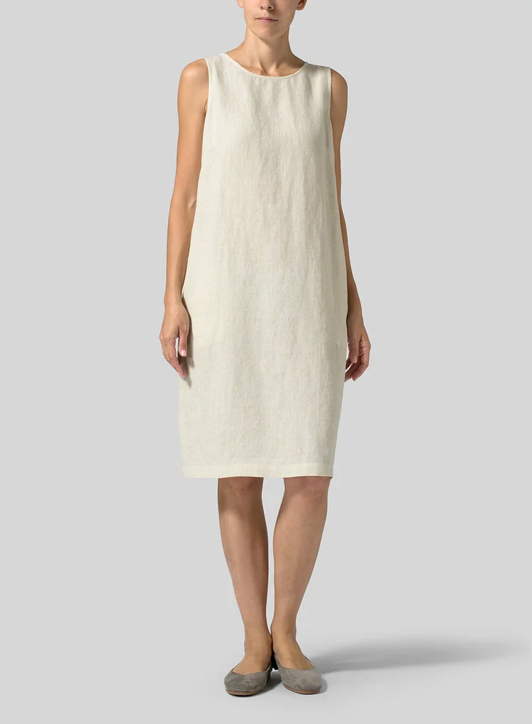 Cotton Linen Boat Neck Short Sleeve Comfort Dress